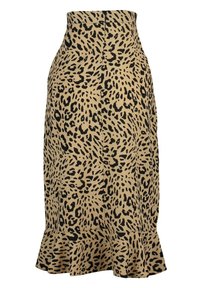 Leopardprint midi nederdel i tan stof, med en tætsiddende talje, udvidet kant og subtil tekstur. Sorte pletter mønster over det hele.