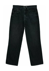 Černé džíny z denimu s rovnými nohavicemi, s pěti kapsami a jemným vyblednutím. Materiál: bavlněný denim, pevná struktura, žádné viditelné kovové prvky.