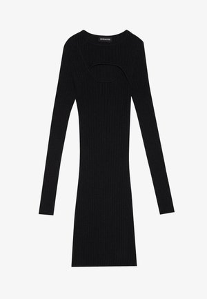 Abito lungo a maniche lunghe nero con dettaglio cut-out sul collo. Vestibilità slim con tessuto testurizzato, adatto per una varietà di occasioni.