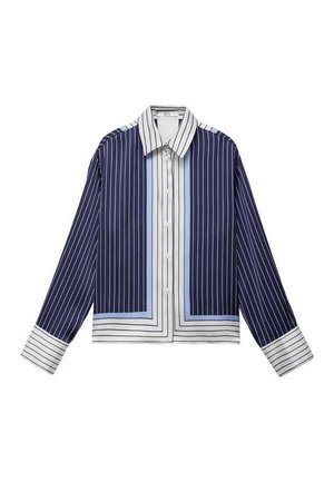 Navy and white striped button-up shirt with a cropped design, featuring blue accents and a classic collar. Long sleeves with striped cuffs.