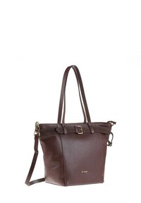 Borsa tote in pelle marrone con texture, dotata di doppi manici e una tracolla staccabile, con un'accento a fibbia e un logo del marchio discreto.