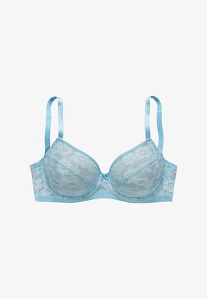 Light blue lace bra with padded cups, adjustable satin straps, and floral pattern details. Features a hook-and-eye closure at the back.