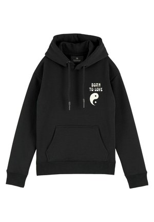 Schwarzer Hoodie aus weichem Material mit einer Fronttasche. Mit weißem Text "BORN TO LOVE" und einem Yin-Yang-Symbol auf der Brust.