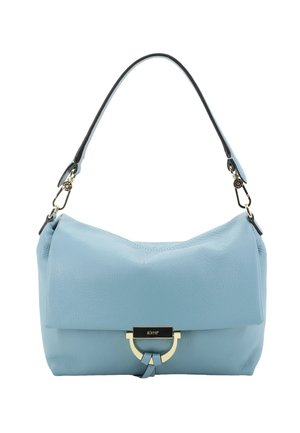 Hellblaue Lederhandtasche mit strukturierter Oberfläche, ausgestattet mit einem Klappverschluss und goldfarbenen Beschlägen. Enthält einen einzigen kurzen Griff.