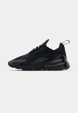 Black Nike Air Max 270 sneaker featuring a textured upper, mesh panels, and a glossy heel with a prominent air cushioning unit.