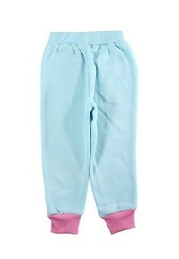 Pantalon de survêtement bleu clair avec une texture douce, taille élastique et poignets roses aux chevilles. Design simple sans motifs ni accents visibles.
