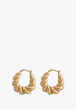 Kuldne kilpkonna kõrvarõngad, millel on keeratud, laineline disain ja läikiv viimistlus, sulgemiseks hinged. Mõõtmed on umbes keskmise suurusega.