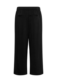 Pantalon large noir avec une taille élastique, dotée de deux poches arrière et d'une texture de tissu lisse et douce.