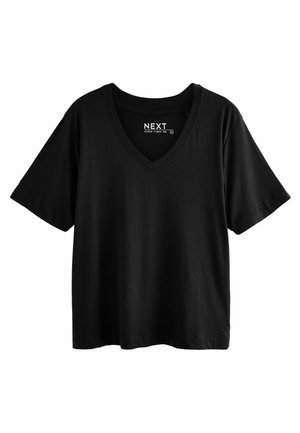 Zwart T-shirt met korte mouwen en V-hals, gemaakt van zachte stof, met een losse pasvorm en een standaard zoom met het merkembleem aan de binnenzijde van de halslijn.