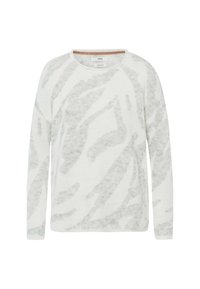 Leichtes Strickpullover in Off-White mit grauem abstracten Muster. Mit einem runden Halsausschnitt und langen Ärmeln mit gerippten Bündchen.