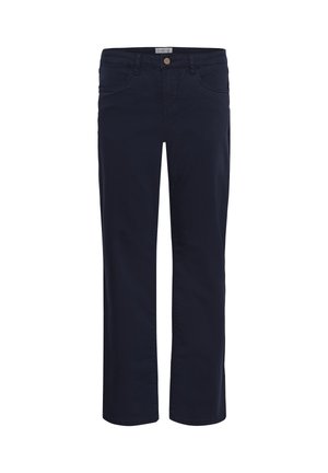 Pantaloni a gamba dritta blu navy con tasche frontali, passanti per cintura e chiusura con bottone in vita.