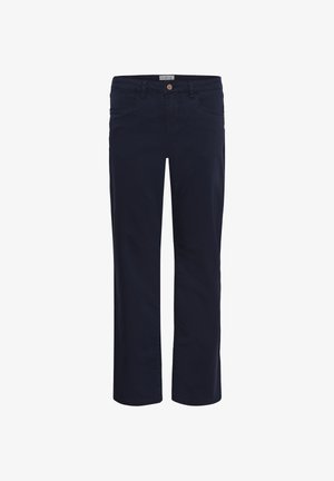 Tumši zili taisnas bikses ar priekšējām kabatām, jostas cilpām un pogu aizdari viduklī.