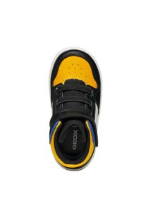 Sneaker alta nero e giallo con accenti grigi. Parte superiore in mesh e materiale sintetico, punta traforata, design con lacci e suola imbottita.