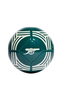 Balón de fútbol de vinilo verde con patrones lineales blancos y un gráfico de cañón central. Forma redondeada con una superficie lisa y brillante.