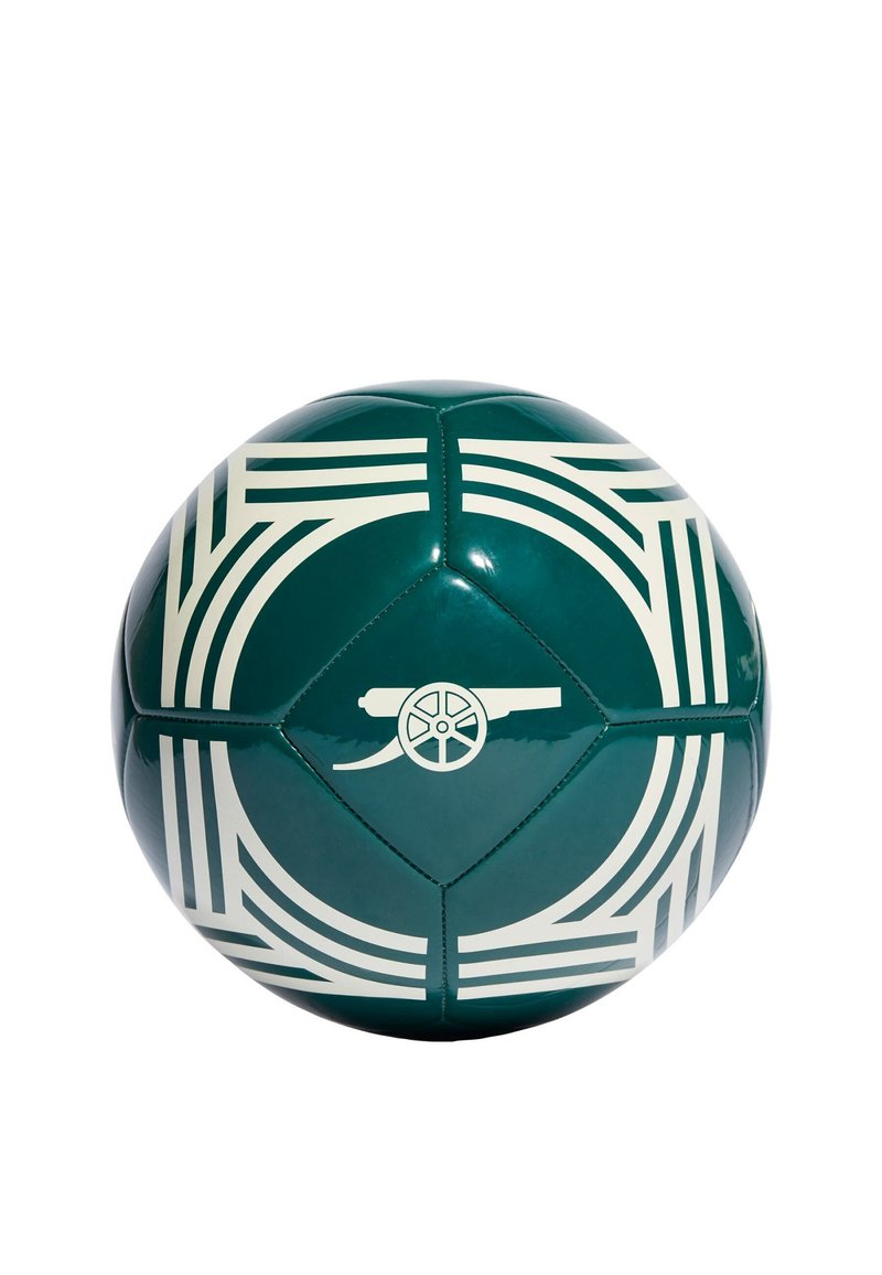 Balón de fútbol de vinilo verde con patrones lineales blancos y un gráfico de cañón central. Forma redondeada con una superficie lisa y brillante.