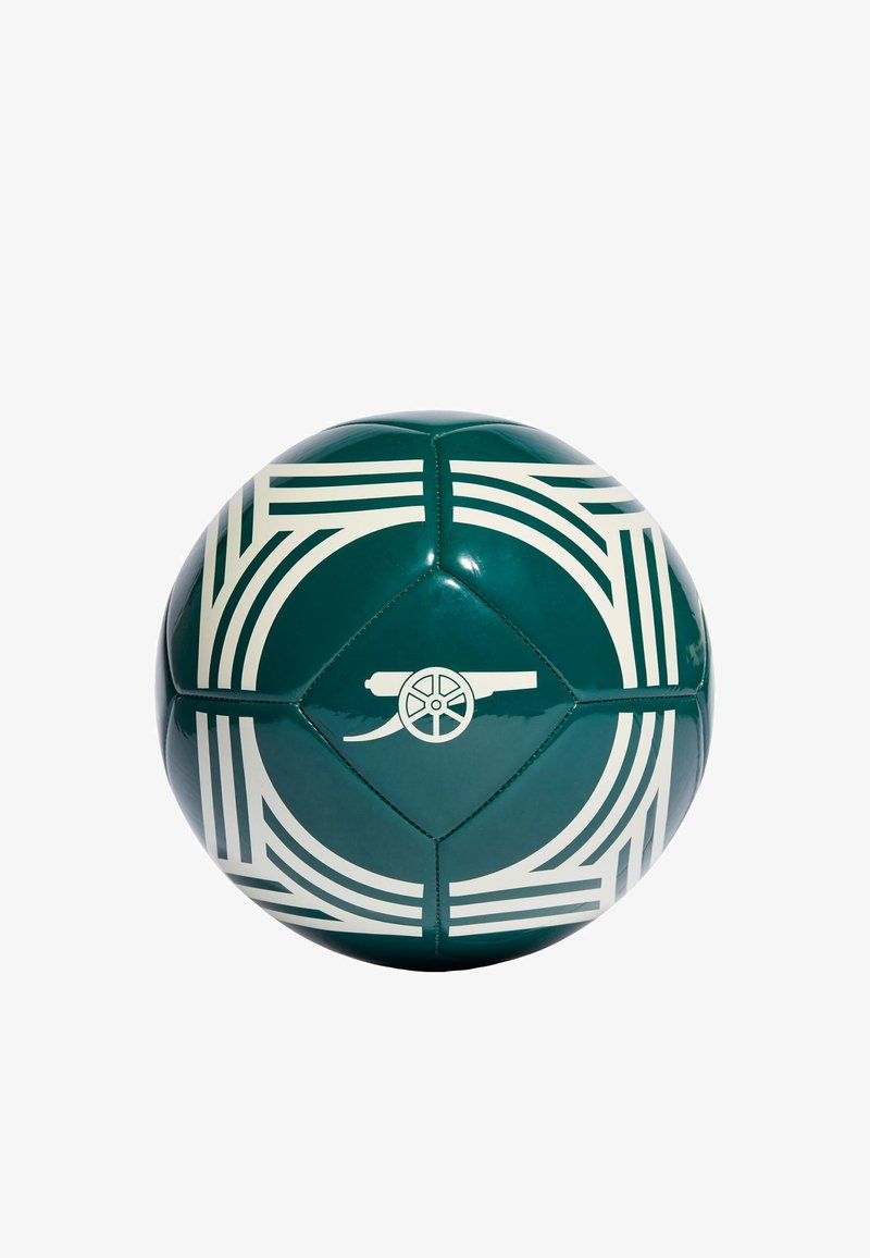 Balón de fútbol de vinilo verde con patrones lineales blancos y un gráfico de cañón central. Forma redondeada con una superficie lisa y brillante.