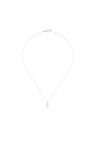 Collar de plata con una delicada cadena y un colgante de perla redonda central, que presenta una textura suave y un diseño simple y elegante.
