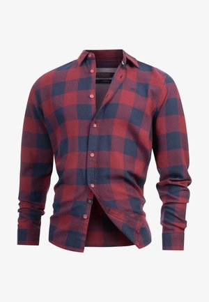 Rot und marineblau kariertes Hemd mit langen Ärmeln, Knopfverschluss und kontrastierenden Knöpfen. Hergestellt aus einem Stoff mit weicher Textur.