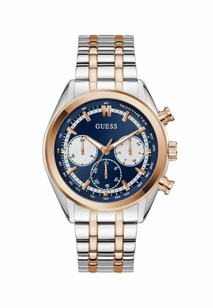 Zegarek chronograf z niebieską tarczą, złotymi akcentami, bransoletą ze stali nierdzewnej w kolorze srebrnym i różowego złota, wyświetlający trzy subtarcze i tachometr.
