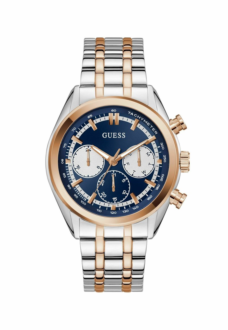 Orologio cronografo con quadrante blu, dettagli dorati, bracciale in acciaio inossidabile argento e oro rosa, con tre sottodial e tachimetro.