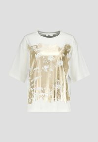 Witte oversized T-shirt met een gouden metallic abstracte print aan de voorkant. Beschikt over een ronde halslijn en korte mouwen. Zachte stoftextuur.