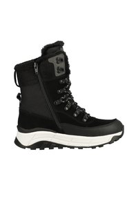 Bottes d'hiver noires avec un col en fourrure texturée, en matériau imperméable, fermeture éclair sur le côté et semelle blanche contrastante avec un design de semelle robuste.