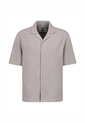 Hellgraues kurzärmeliges Hemd mit Knopfleiste, Camp-Kragen und subtiler gerippter Struktur, Größe M, Markenlabel im Krageninneren sichtbar.