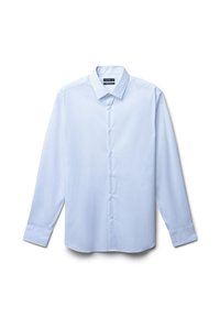 Himmelblaues Hemd mit Knopfleiste, spitzem Kragen, langen Ärmeln und einem subtilen Strukturmuster. Mit abgerundetem Saum und normalen Knöpfen.