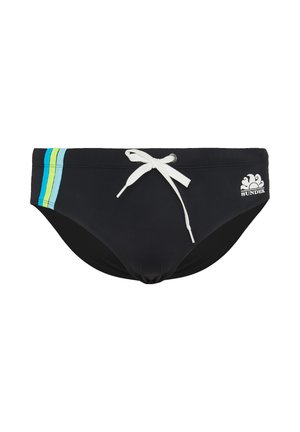 Slip da uomo neri con coulisse bianca, strisce laterali blu e verdi e logo Sundek bianco sull'anca destra.