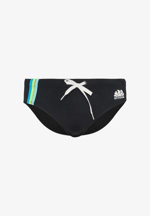 Slip da uomo neri con coulisse bianca, strisce laterali blu e verdi e logo Sundek bianco sull'anca destra.
