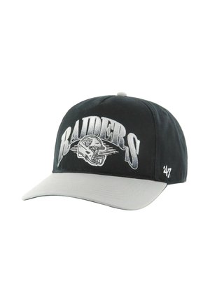 Black cap with a gray brim, featuring "RAIDERS" embroidered in silver. Includes a football helmet graphic and the logo "47" on the side.