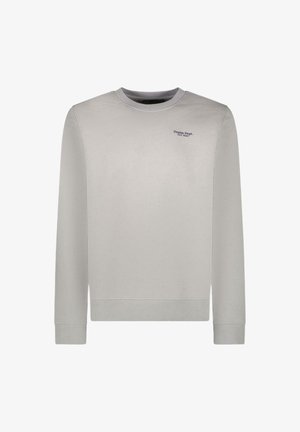 Lichtgrijze sweatshirt met lange mouwen en een ronde hals, voorzien van het "Denim Dept." logo in donkerblauw op de bovenste linkerkant. Eenvoudig, casual ontwerp.