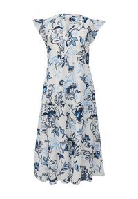 Blumendruckkleid mit kurzen, flatternden Ärmeln; verfügt über blaue und marineblaue Blumen auf einem weißen Hintergrund; leichtes Material, fließende Silhouette.