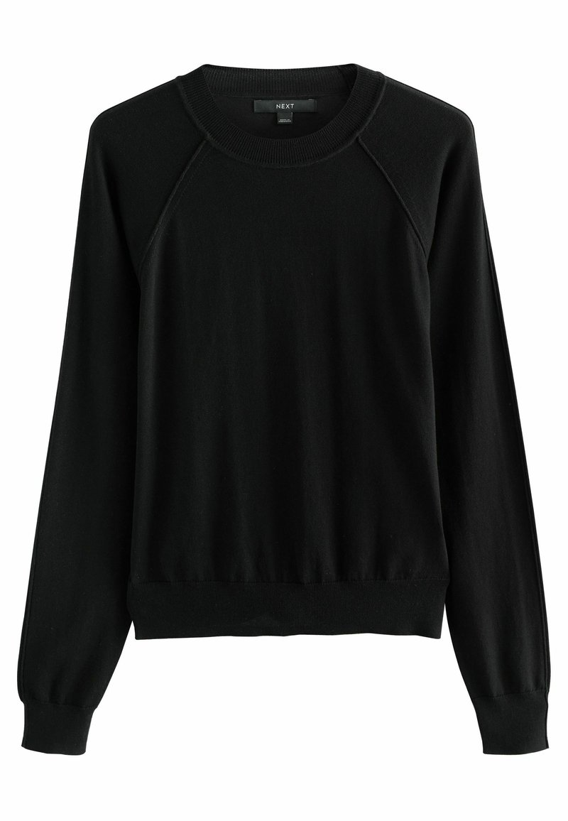 Zwarte pullover sweatshirt gemaakt van zacht materiaal, met een ronde halslijn, raglanmouwen, geribbelde manchetten en een aansluitende zoom. Geen versieringen.