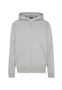 Grey zip-up hoodie made from soft fabric, featuring two front pockets, a drawstring hood, and ribbed cuffs. Simple and functional design.