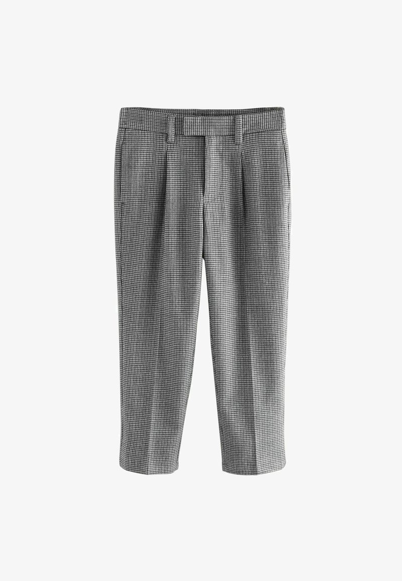 Pantaloni a scacchi grigi e neri realizzati in tessuto testurizzato, caratterizzati da un taglio sartoriale, pieghe frontali e un design a gamba dritta.