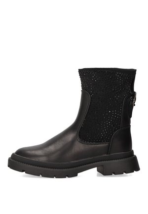 Botín negro de tobillo hecho de cuero suave con parte superior texturizada que presenta pequeños studs decorativos; suela de goma gruesa y cremallera lateral.