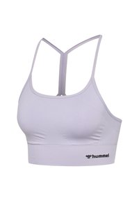 Lichtpaarse sportbh met een naadloos ontwerp, dunne banden, textuurstof en een zwart "hummel" logo op de band.