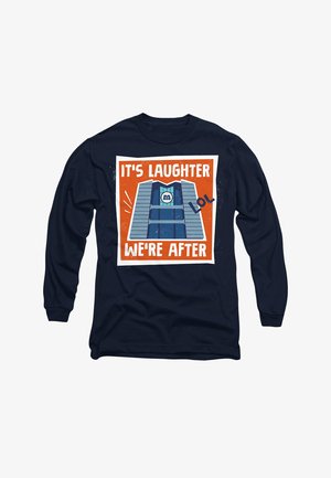 Long-sleeve navy shirt featuring a cartoonish graphic with text: “IT’S LAUGHTER WE’RE AFTER” and a central image of a blue structure with accents.