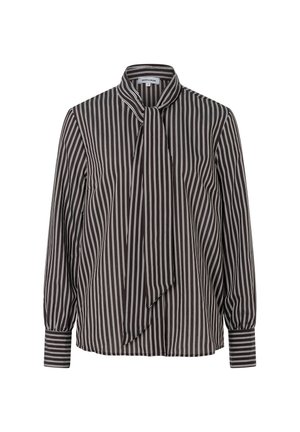 Black blouse with white vertical stripes, long sleeves, cuffed wrists, and a tied neck scarf detail at the collar.