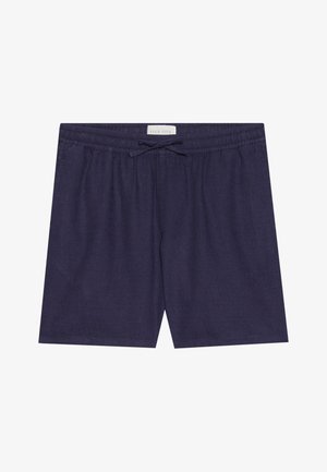 Pantaloni corti blu navy realizzati in un tessuto testurizzato, dotati di una vita elasticizzata con coulisse, e con un taglio dritto senza motivi visibili.