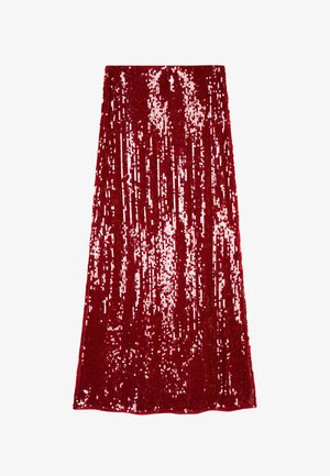 Červená maxi sukně s plošným střihem a flitrovým zdobením. Povrch je lesklý díky těsně naskládaným flitrům, které vytvářejí strukturovaný vzhled.