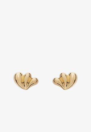 Gold-tone earrings with a sculptural design featuring curved, layered shapes and a polished finish for reflective quality.