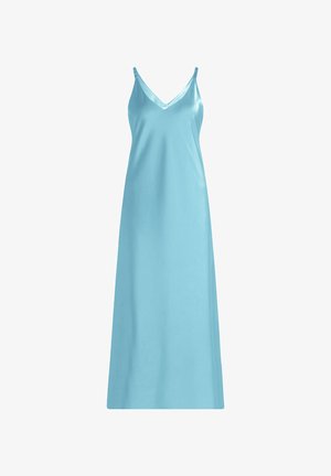 Robe nuisette en satin bleu clair sans manches, avec fines bretelles et décolleté en V, longueur jusqu'au sol.