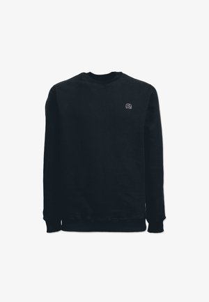 Sort sweatshirt lavet af bomuld, med lange ærmer, rund halsudskæring og et lille elefantlogo på brystet. Glat tekstur, afslappet design.