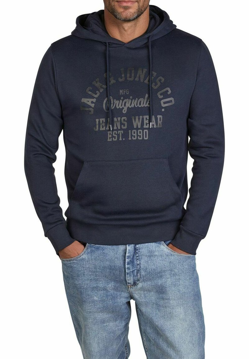 Navy blue hooded sweatshirt with a front pocket, featuring a printed logo and text in gray. Fabric appears smooth and soft.