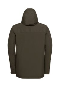Giacca con cappuccio di un verde oliva scuro, realizzata in un tessuto liscio e resistente all'acqua. Presenta un design semplice con maniche lunghe e un taglio dritto.