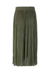 Olivengroene midi-rok met plissé, elastische tailleband en lichtgewicht, geplooide textuur.