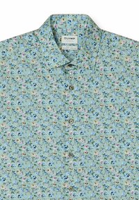 Camicia da uomo verde chiaro con bottoni, motivo floreale multicolore piccolo e collo spread, etichetta Olymp livello cinque body fit con elasticità naturale.