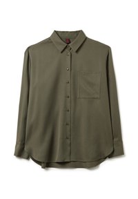 Olivegrünes Langarmhemd aus glattem Stoff, mit einem spitzen Kragen, Knopfleiste und einer Brusttasche. Rundes Saumdesign.